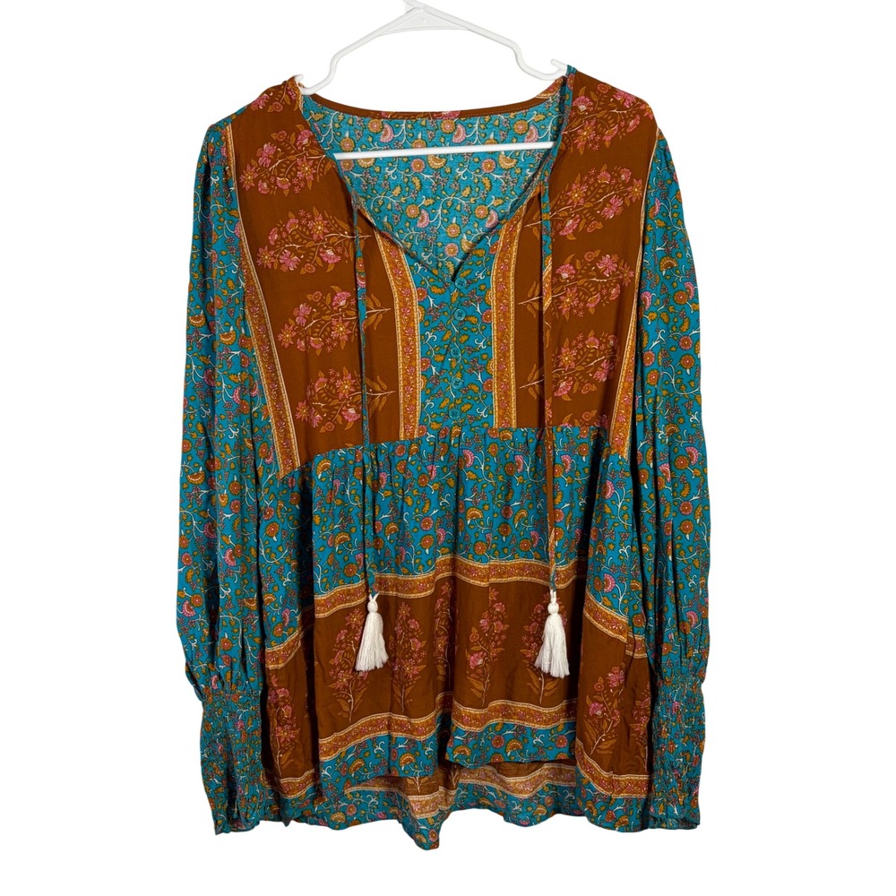 Boho Floral Paisley Peasant Blouse Teal Rust Tassel Tie Smocked Cuff Womens Top